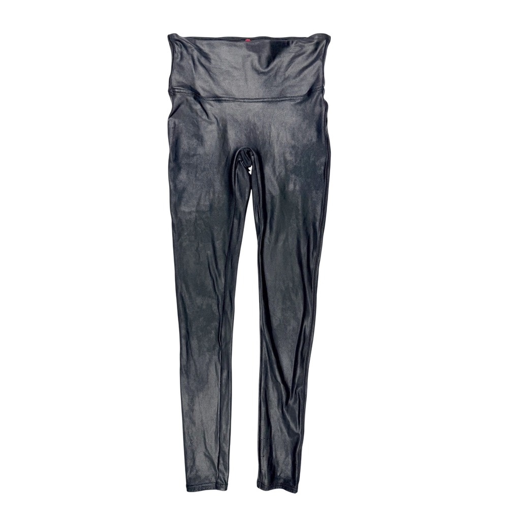 Spanx Faux Leather Leggings Womens‎ Medium Black High Waisted Metallic Finish